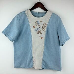 Vintage City Girl Petites Sz 10 Denim Embroidered Shirt Top Cottagecore 80s 90s